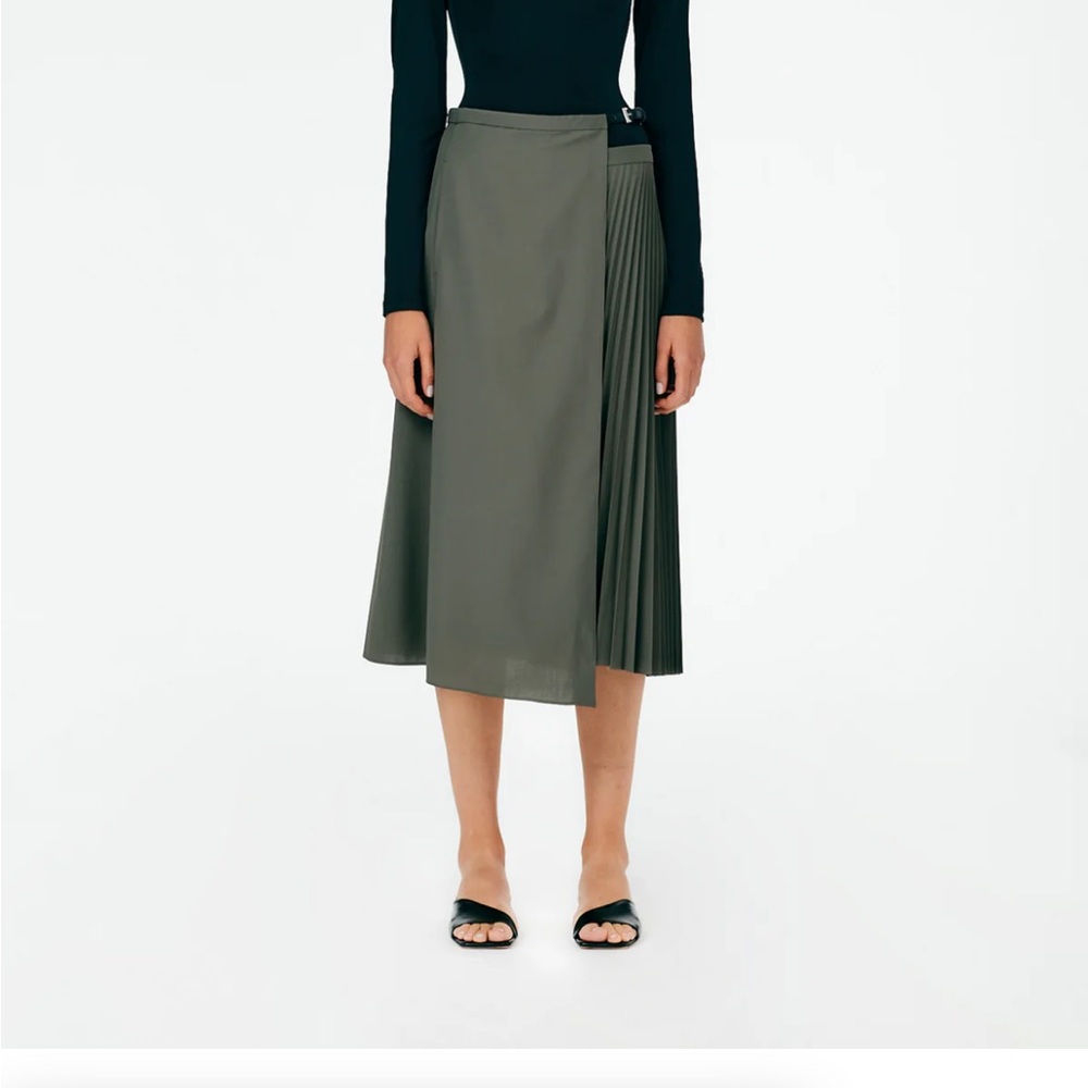 Tibi half pleat wrap skirt, dark stone tropical wool